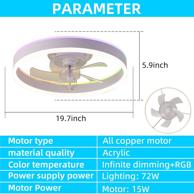 RGB Color Ceiling Fans Lights with Remote/APP Control, 19.7 in Low Profile Flush Mount Ceiling Fan with Reversible Motor