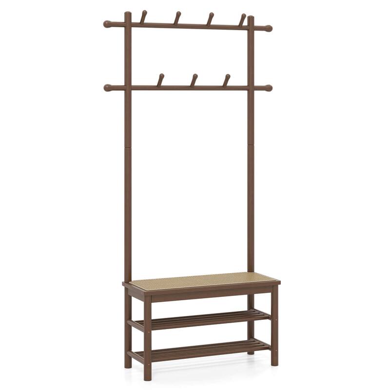 Costway Bamboo Coat Rack with Bench Shoe Storage 2 Hanging Rods 11 - See Details