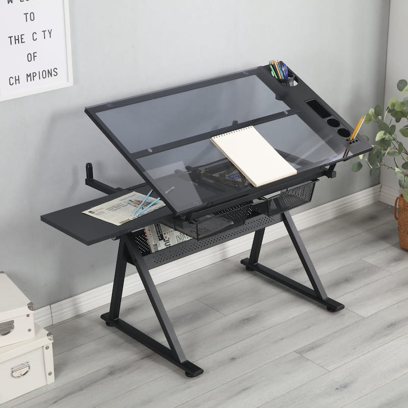 Modern Adjustable Tempered Glass Drafting Table, Drawing Desk with