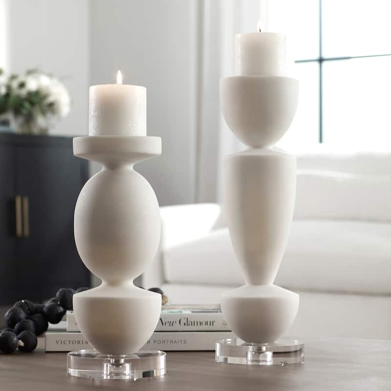 Uttermost Lido White Stone Candleholders, Set Of 2 - 5"W x 16"H x 5"D