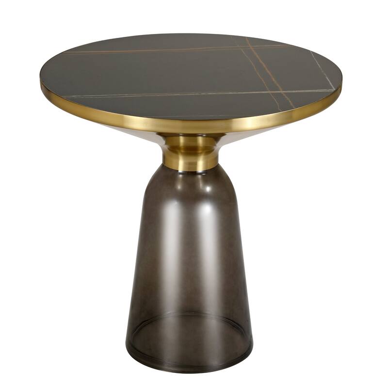 19-Inch Side Table Round Glass/Stone Tabletop End Table with Gold Iron Rim and Glass Base - Grey/Black Stone