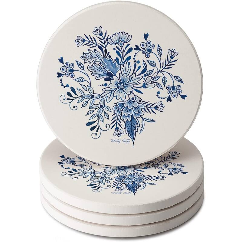 Blue & White Floral Round Absorbent Stone Coaster 4 Pack with Protective Cork Backing. Manufactured in The USA - Multi