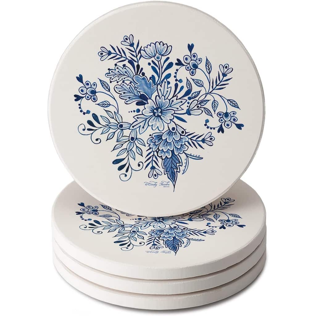 Blue & White Floral Round Absorbent Stone Coaster 4 Pack with Protective Cork Backing. Manufactured in The USA
