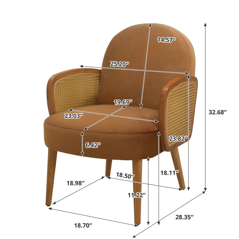 Mid-century Accent Chair with Rattan Armrests&Wooden Legs, for Living Room Reading Bedroom Balcony, Brown