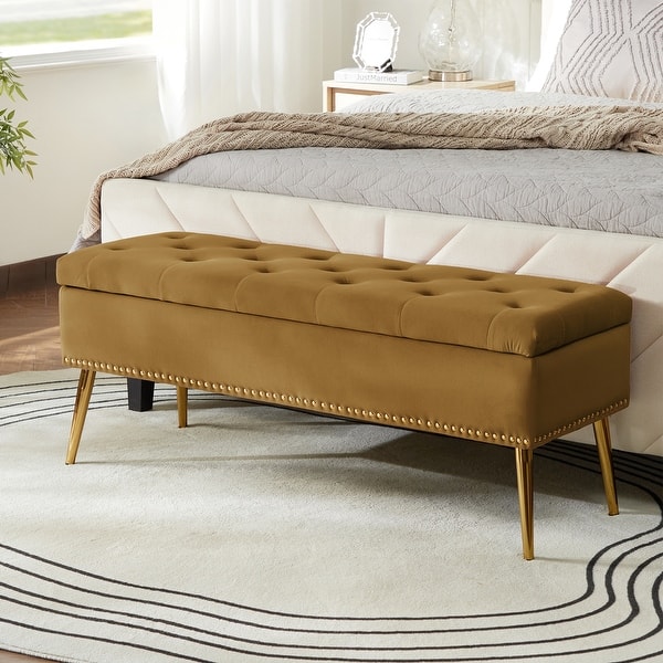 slide 2 of 9, HULALA HOME Neptunus Modern 45.5" W Velvet Bedroom Storage Bench for End of Bed with Nailhead Trim Golden