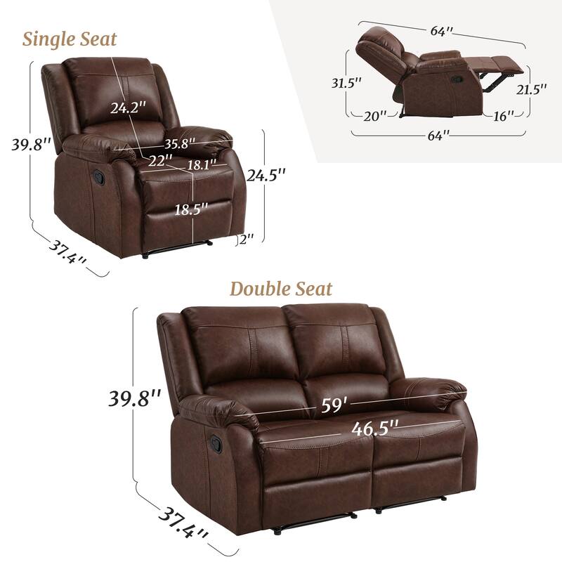 Recliner Set Of 2, Manual Recliner Chair, 2-Piece Faux Leather Upholstered Recliner Sofa For Living Room