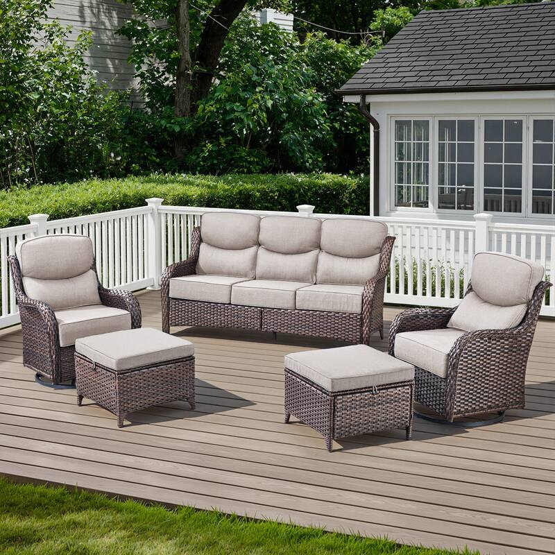 Arcadia 5-Piece Wicker Patio Conversation Set with Swivel Gliders and 6-Inch Thick Olefin Cushions