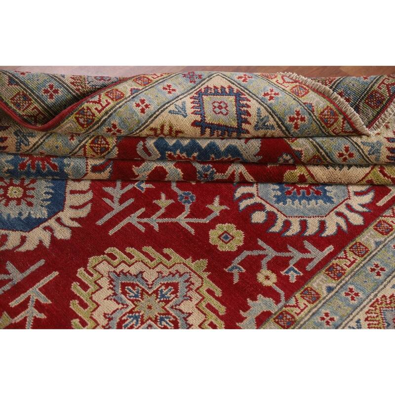Hand Knotted Oriental 100% Wool Carpet Traditional All-Over Red Kazak Area Rug - 9' 2'' X 5' 11''