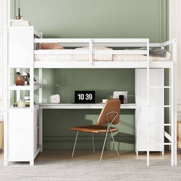 slide 2 of 11, Full Size Wood Loft Bed with Wardrobe and Desk White