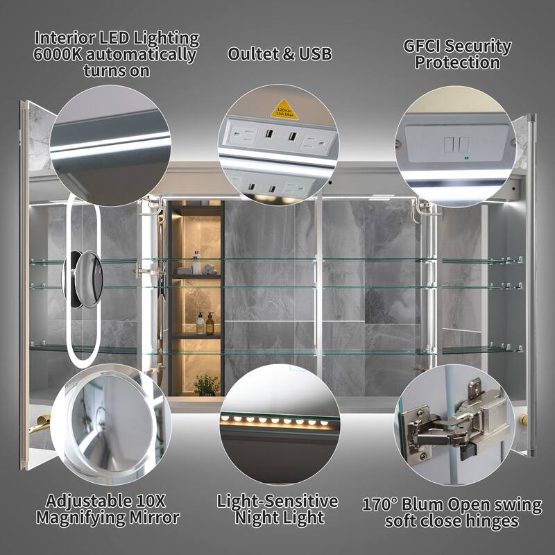 Modland Recessed Smart Mirror Cabinet 24-48x32" with Lights, Anti-Fog, Outlet & Magnifier - Adjustable Shelves