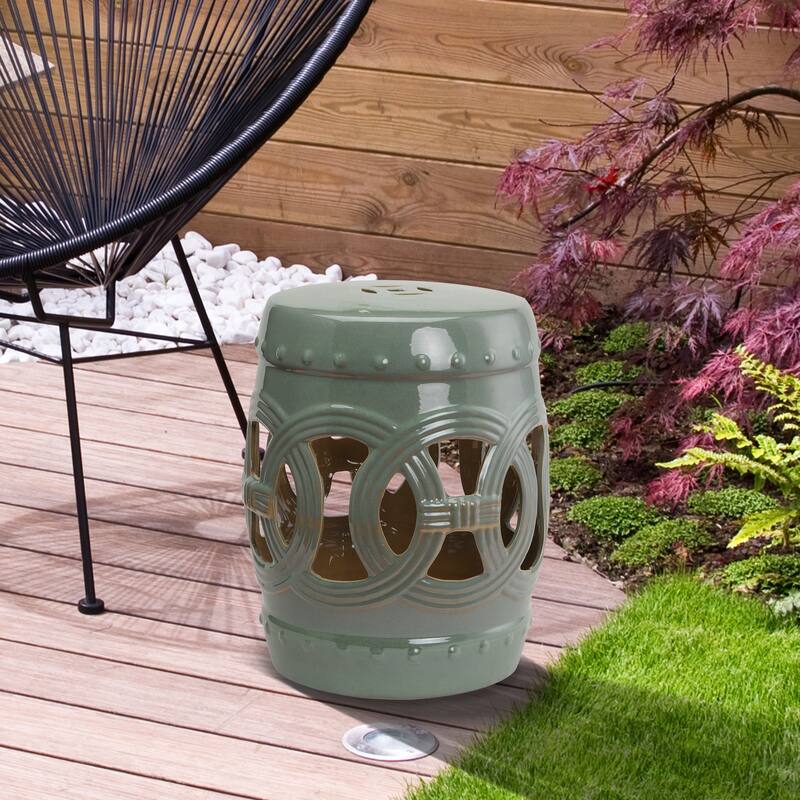 Outsunny 14" x 17" Ceramic Side Table Garden Stool with Knotted Ring Design & Glazed Strong Materials, Green - Green