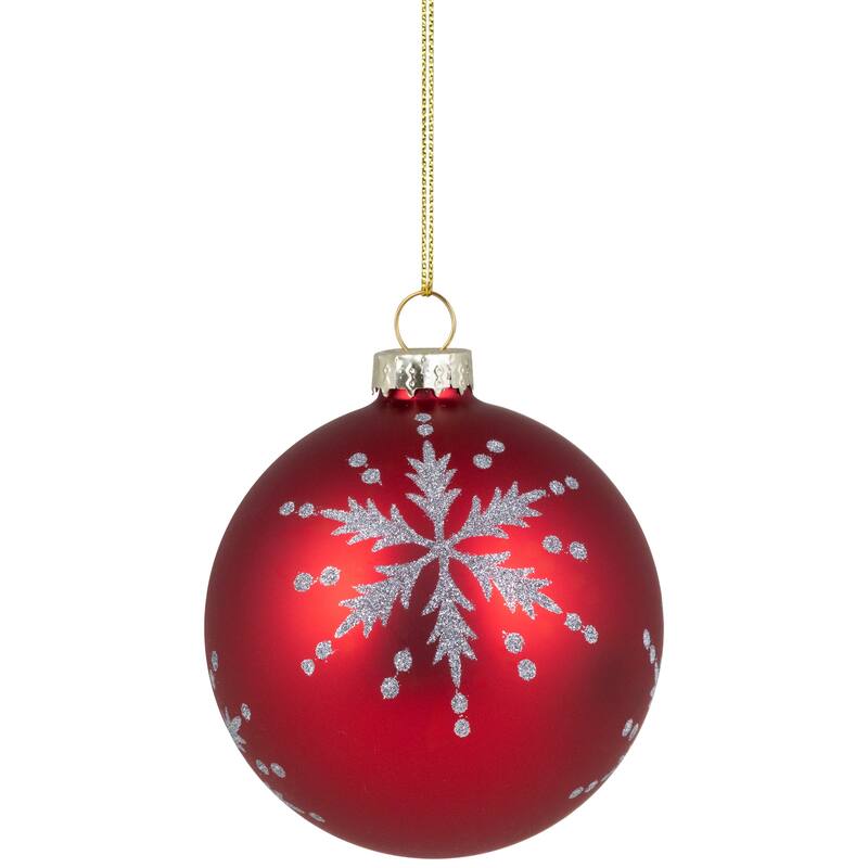 Glittered Snowflakes Matte Finish Glass Ball Christmas Ornaments - 3" (75mm) - Red - 4ct