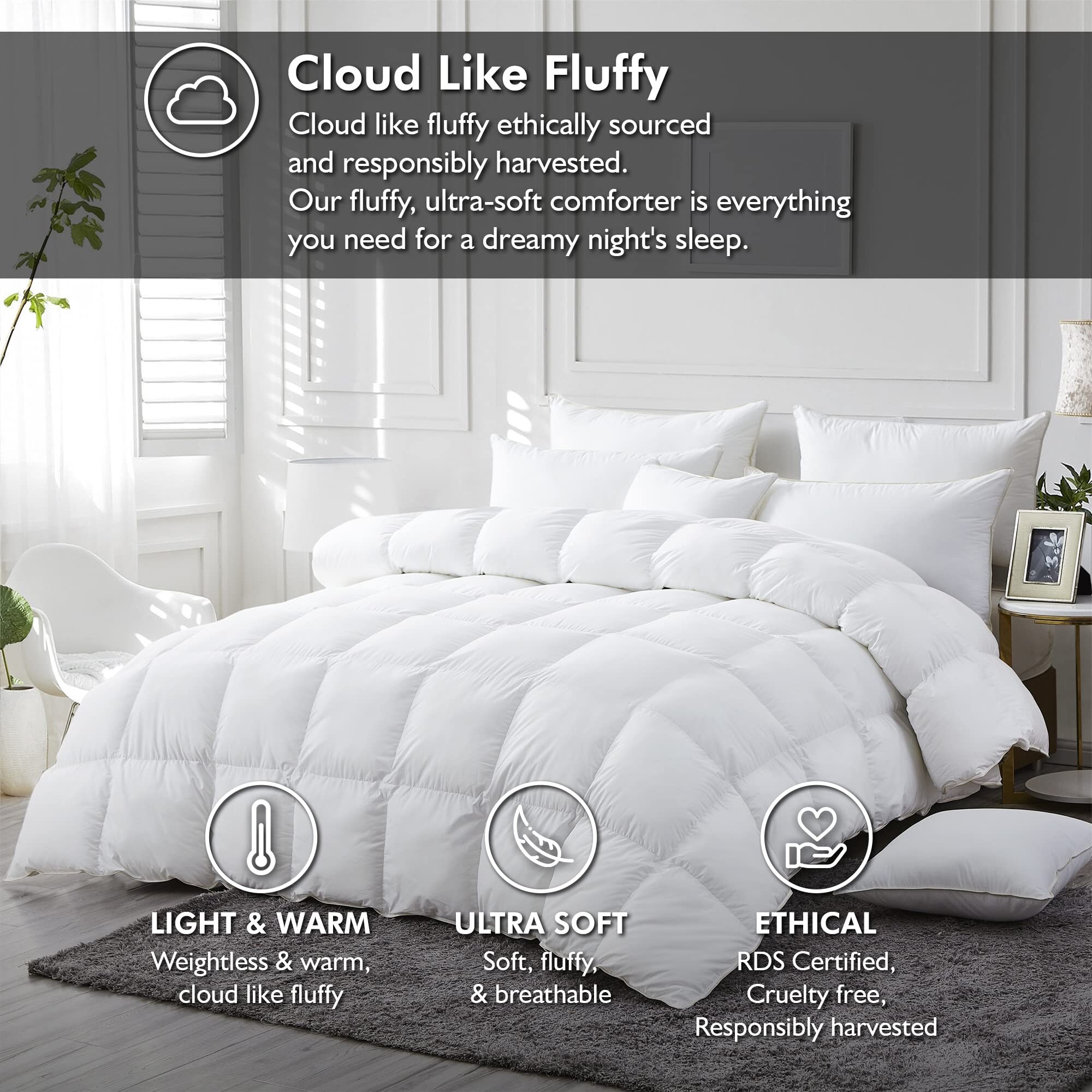All Season Goose Down Feather Fiber Comforter Duvet Insert 100 Egyptian Cotton Cover King White Medium Weight All season