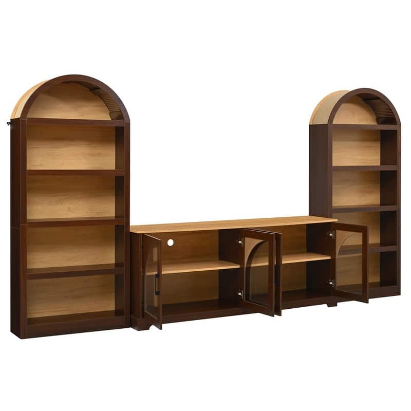 Farmhouse 3-Piece TV Stand Set for TVs Up to 70", Entertainment Center with Arched Sideboard and Glass Doors for Living Room