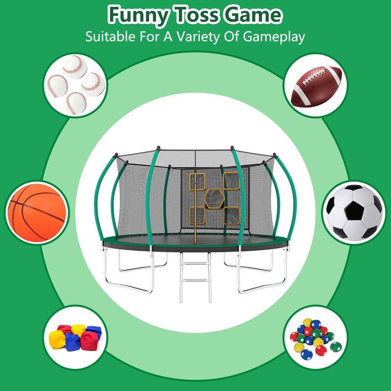 Kids Recreational Trampoline - Basketball Hoop, Safety Enclosure Net, Ladder, Easy Assembly - Black+Green - 168