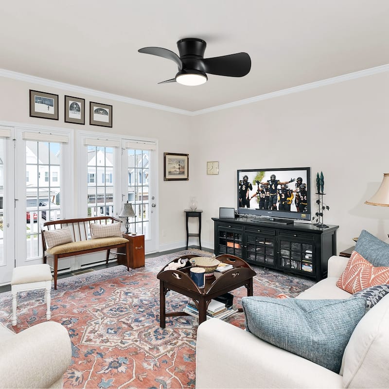 31-inch Modern Black Propeller Flush Mount Ceiling Fan with Light and Remote