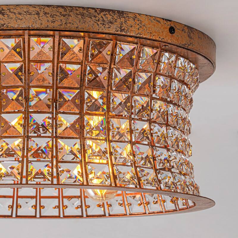 4-Light Glam Distressed Copper Crystal Flush Mount Ceiling Light - 15.75
