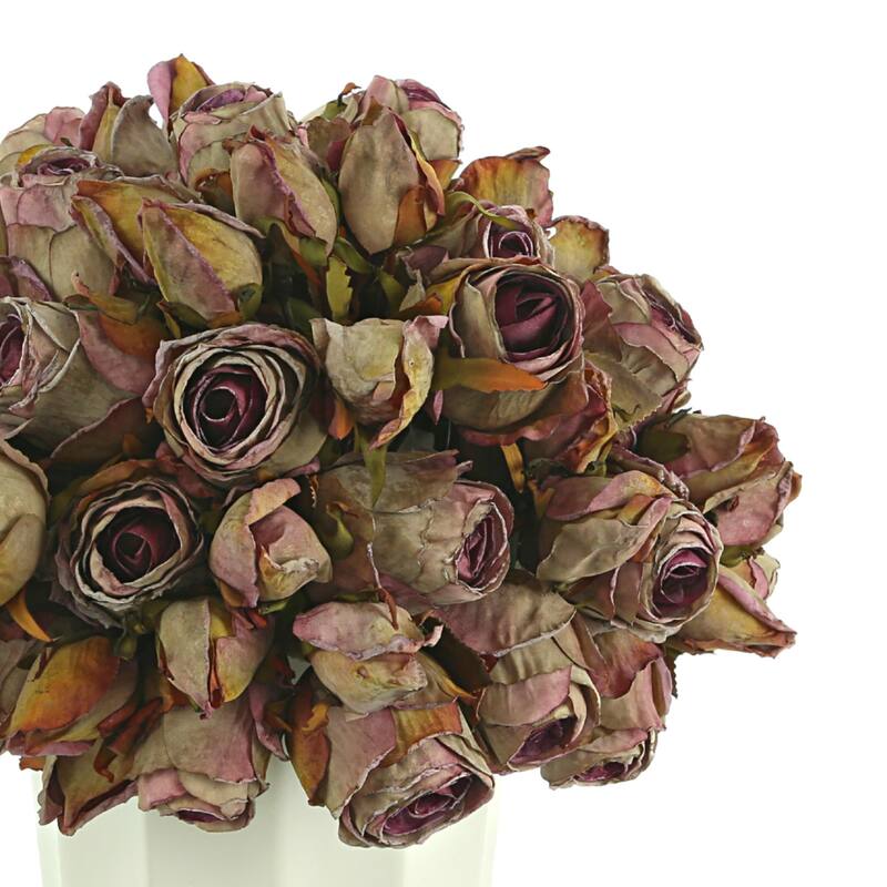 Dried Rose Bundle in a Ceramic Pot with Wooden Base - Purple, White