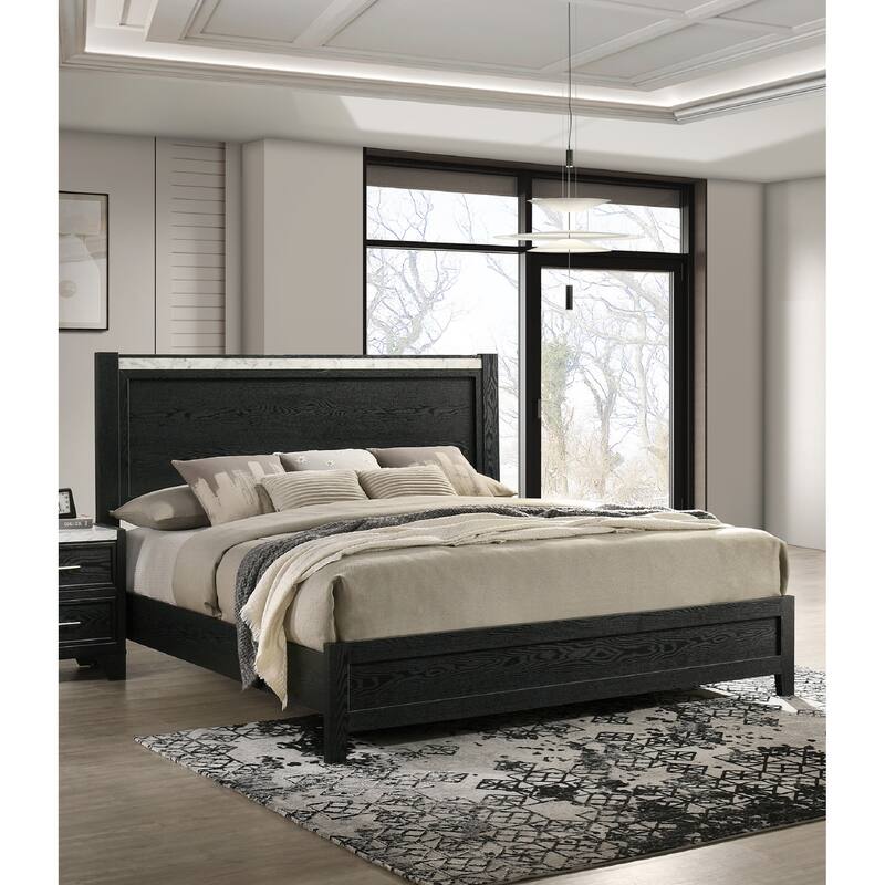 King Size Panel Bed with Faux Marble Accents, Contemporary Black Bedroom Furniture