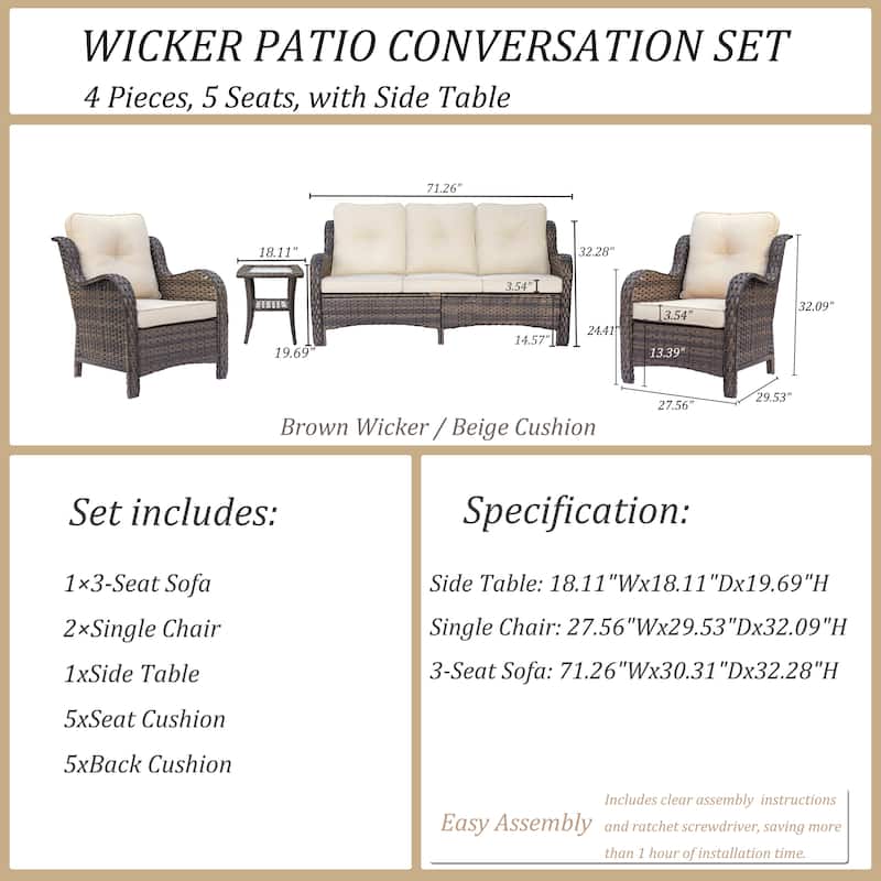 4 Piece Outdoor High Back Wicker Patio Conversation Furniture Sets