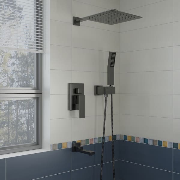 slide 2 of 18, Rain Shower System with Waterfall Tub Spout 3 Function Bathroom Shower Faucet Set Contain 12 Inch Shower Head Black