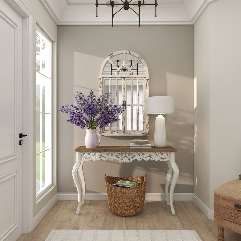 Wood Window Pane Inspired 2 Door Room Wall Mirror with Arched Top and Distressing - White - Roche River Decor