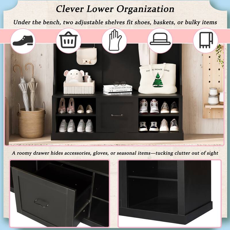 57"Hall Tree with 6 Hooks, Coat Hanger, Entryway Bench, 3-in-1 Design, A Spacious Drawer for Entrance, Living Room