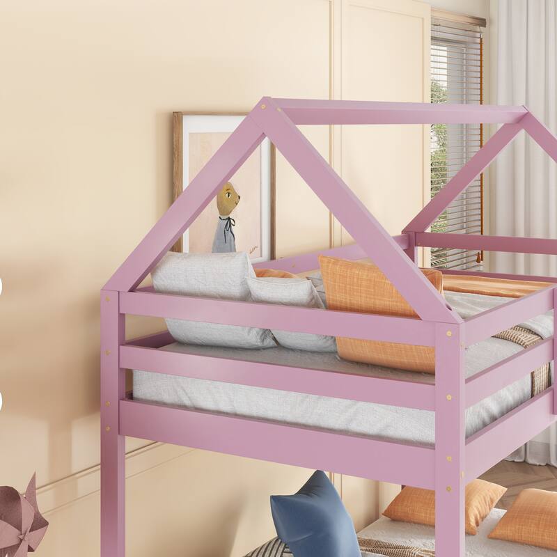 House-Shaped Twin Bunk Bed with Ladder and Guardrails, Pink