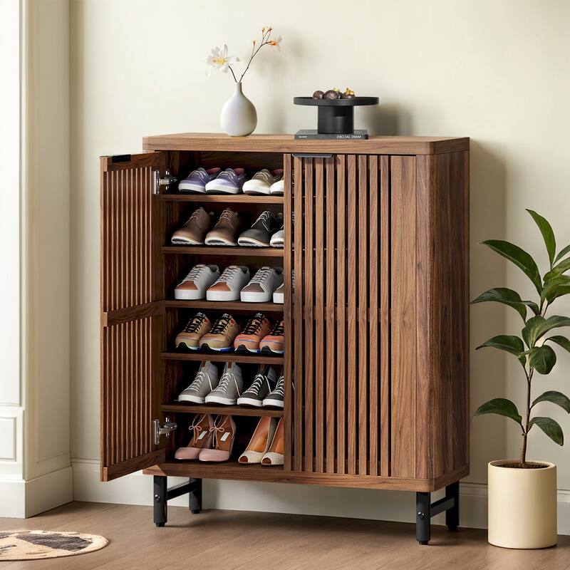 6-Tier Wooden Shoe Cabinet with Louvered Doors and Adjustable Shelves
