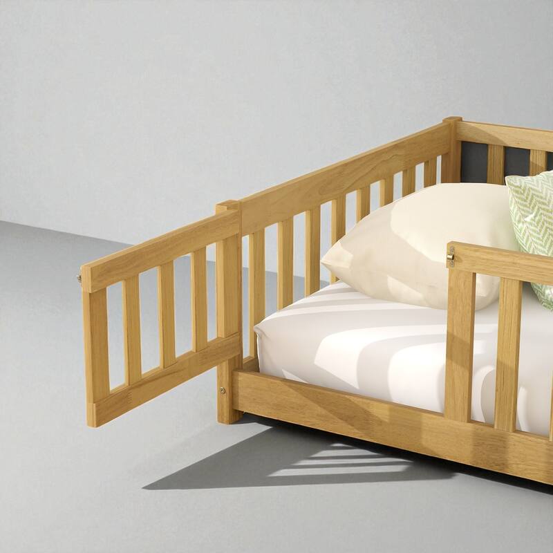 Twin Size Floor Bed with Fence and Door, Rubber Wood Frame with Safety Guardrails