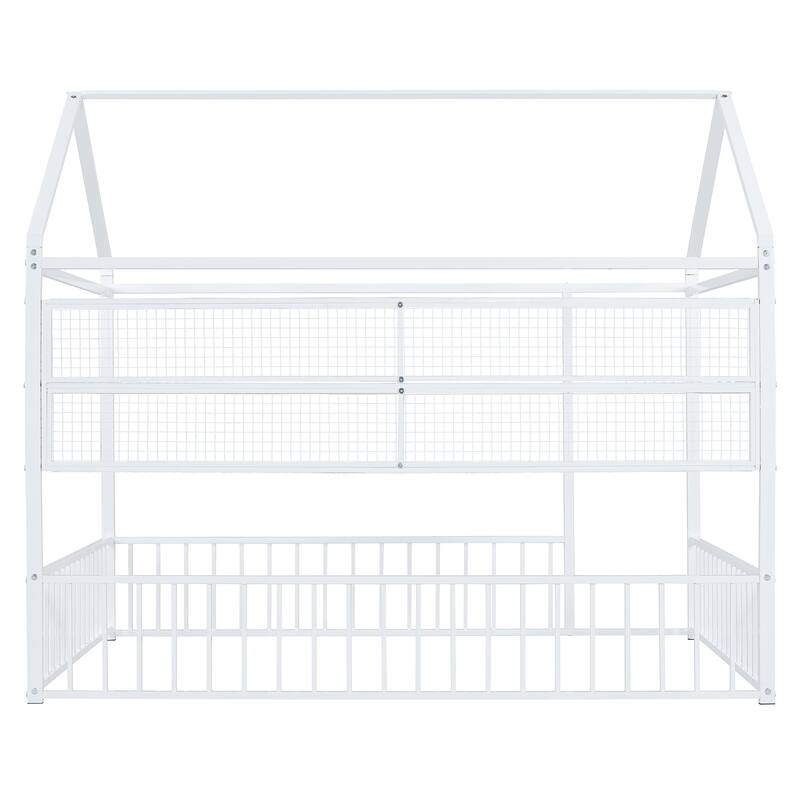 Full Size Metal House Bed Frame with Built-In Grid Shelves, Playful Canopy Design and Space-Saving Storage