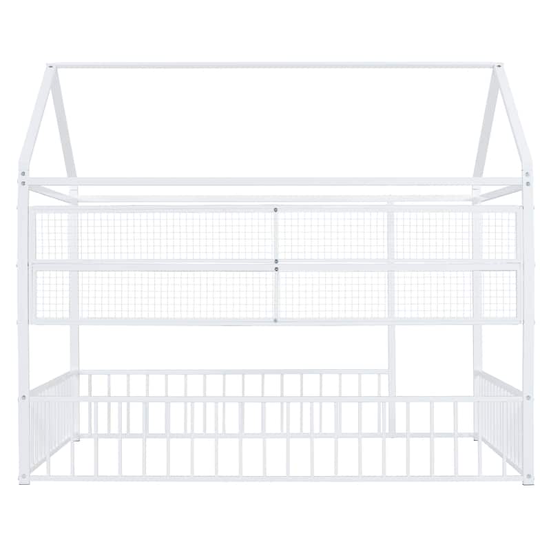 Metal Floor House Bed Frame with Fence and Shelves