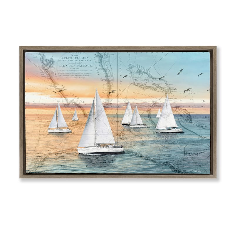 Stupell Nautical Ships & Vintage Map Framed Floater Canvas Wall Art Design By Amber Sterling - 31 x 21 - Brown
