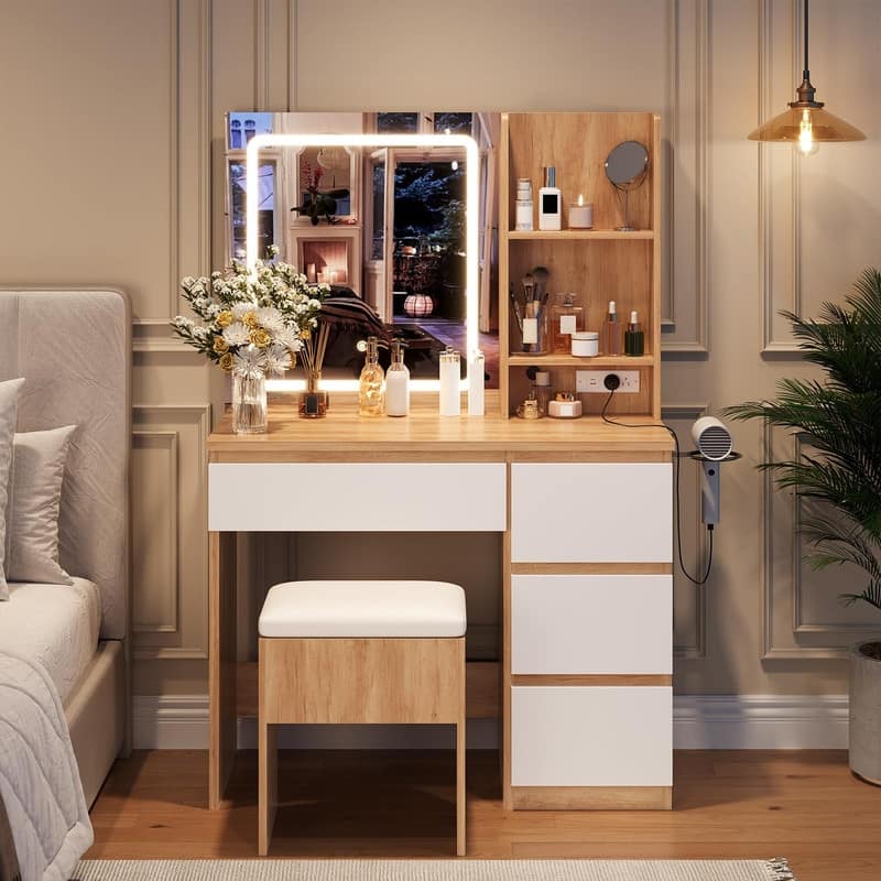 Vanity Desk with LED Mirror, Charging Ports, Storage Stool, Drawers, Hair Dryer Holder