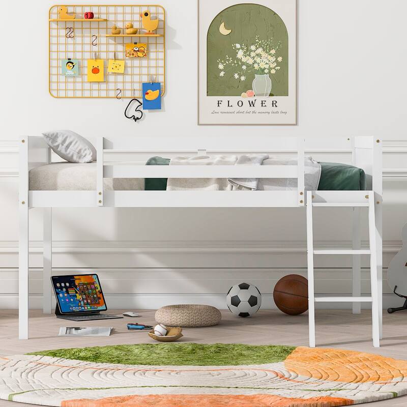 Full Size Solid Wood Low Loft Bed with Ladder and Fence