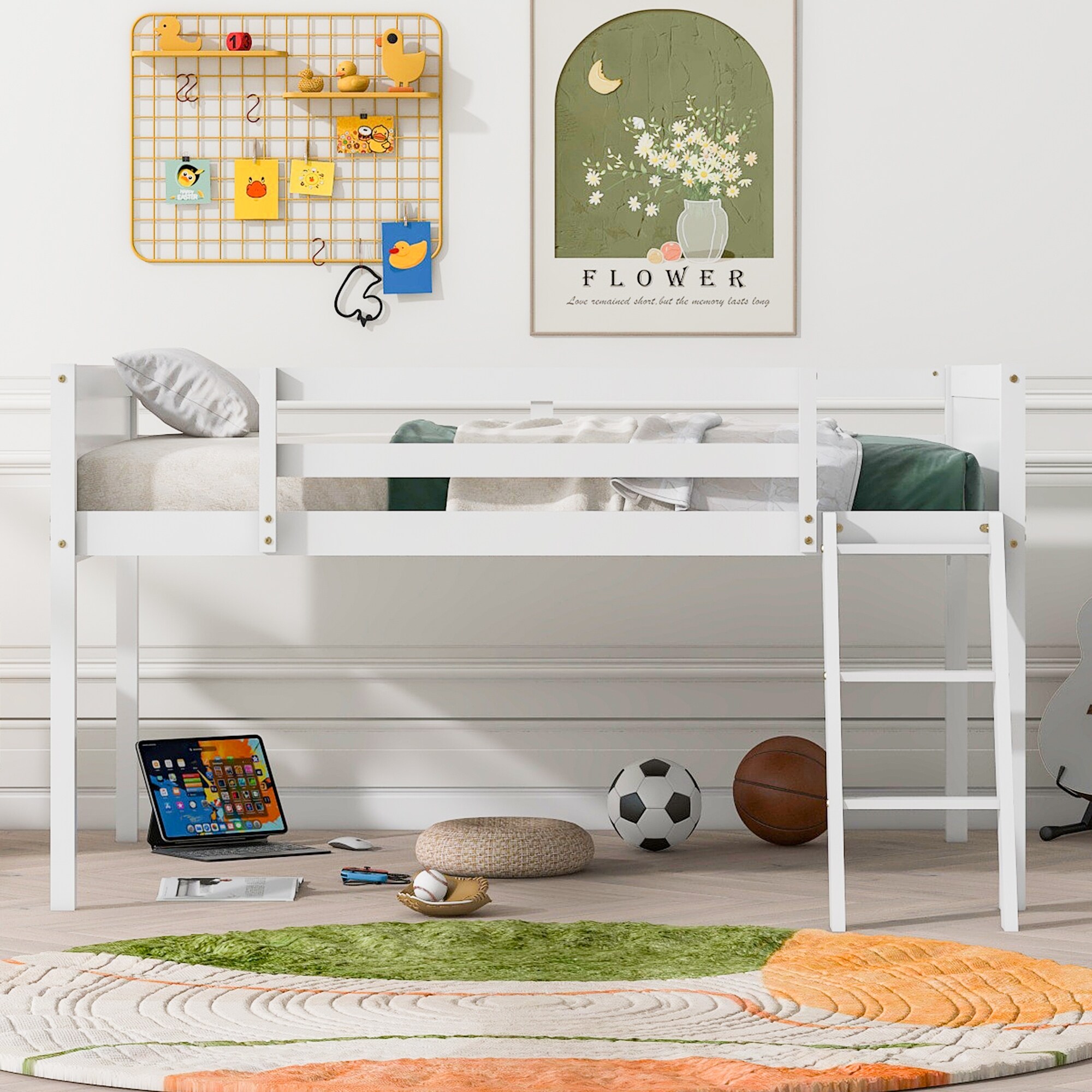 Wood Low Loft Bed Frame with Convertible Ladder,Under Bed Play Space