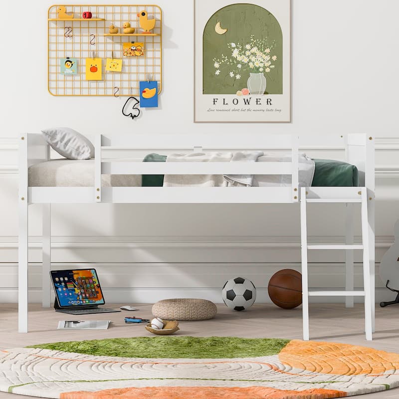 Wood Low Loft Bed with Ladder, Ladder Can Be Placed on the Left or Right