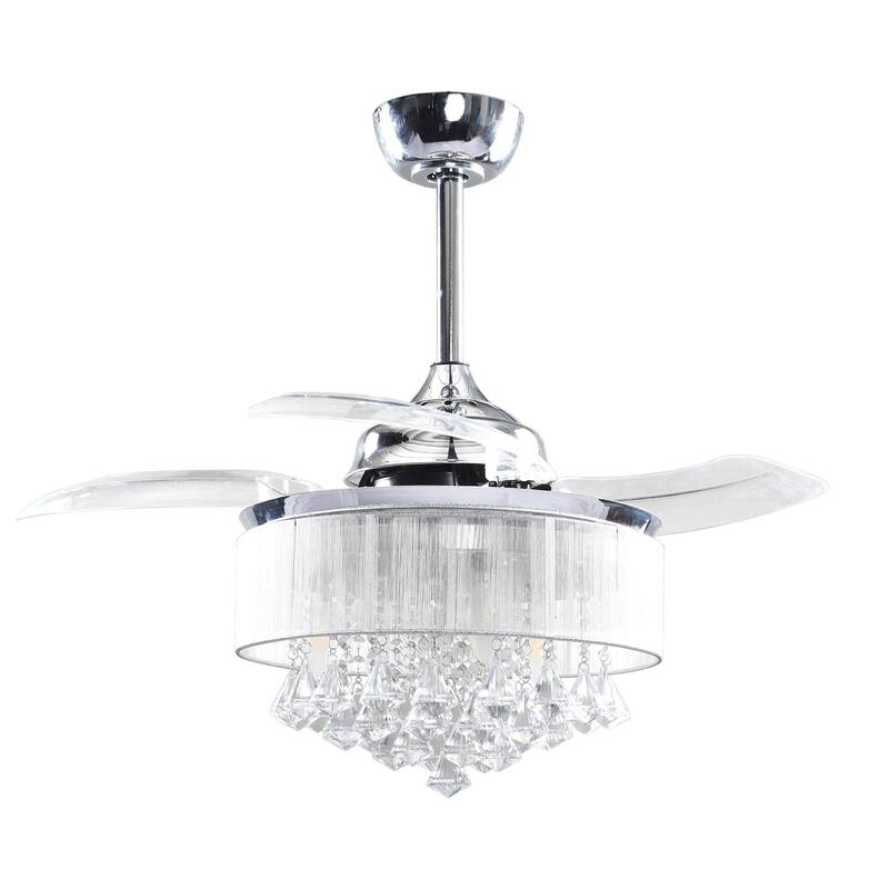 36" Modern Chrome Downrod Mount Retractable Crystal Chandelier Ceiling Fan with Light Kit and Remote Control - 36 in