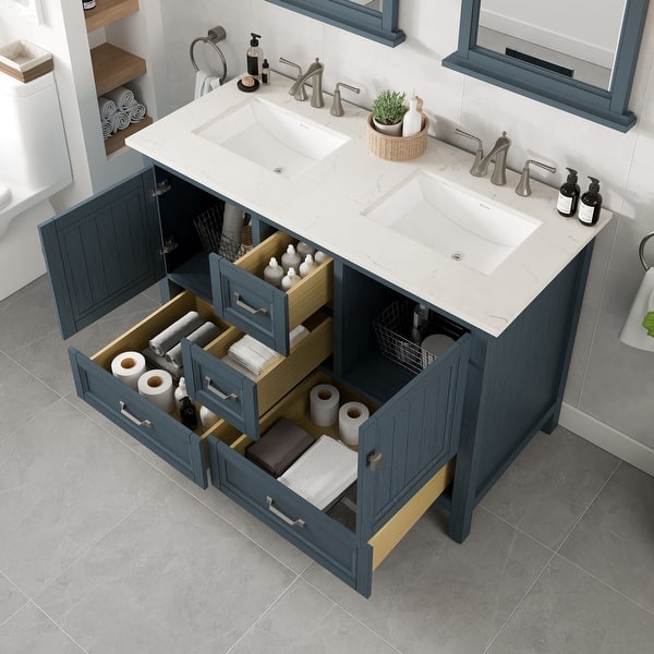 Eviva Britney 48 in. W x 22 in. D Ash Blue Double Sink Bathroom Vanity with White Carrara Quartz Top and Undermount Sinks