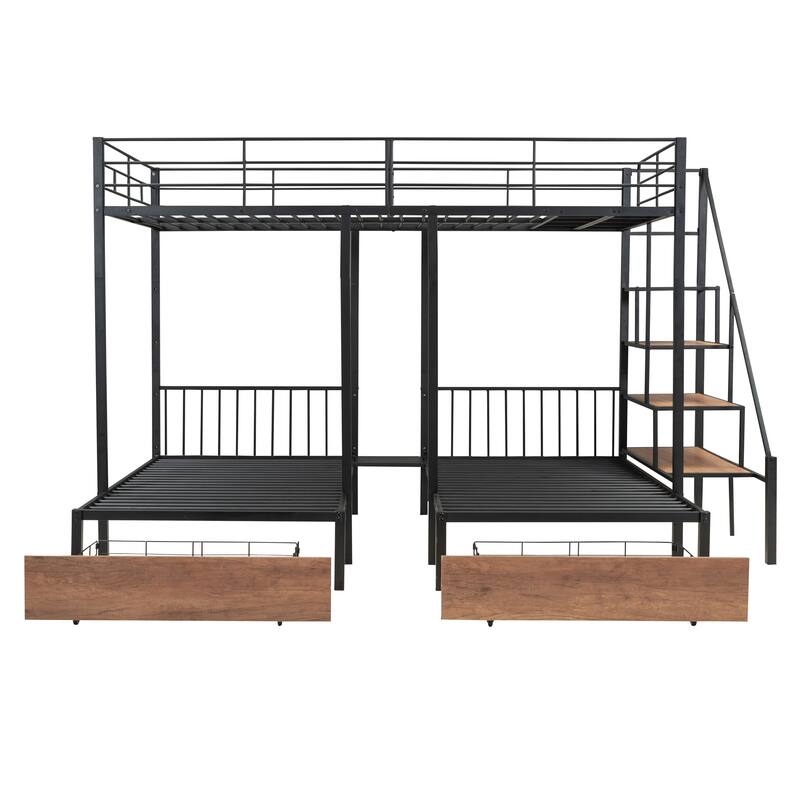 Full Over Twin-Twin Triple Bunk Bed with Drawers and Staircase, Black