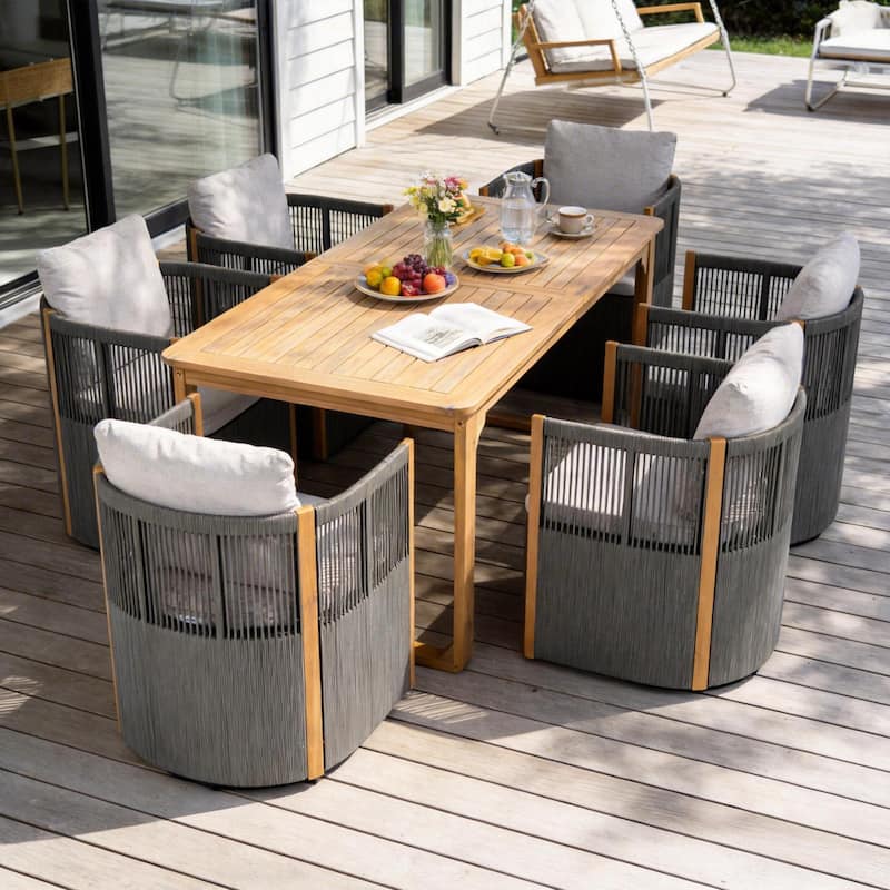 Christopher Knight Home - Ronan Outdoor Acacia Wood Dining Set with Swivel Rope Armchairs & Curved Leg Dining Table, Teak Finish - 7-Piece-Grey+Beige