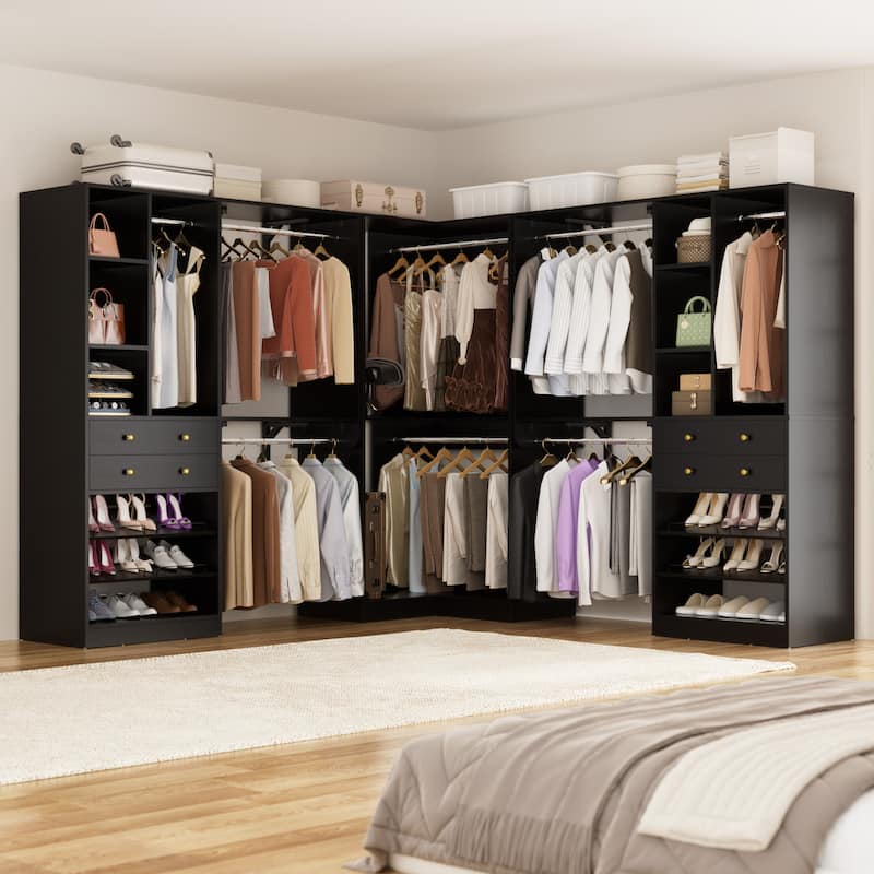Rackcog Freestanding Corner Closet System Set, Closet Organizer with Hanging Rods and Drawers - 149.5'' W - Black