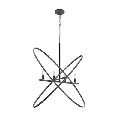 Modern Chandelier, 4 LED Light, Black Cross Band, Brass Metal 38 Inch
