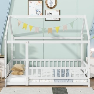 Twin Floor Bed with House Roof Frame, Safety Guardrails, and Fence Design