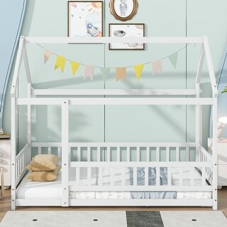 Twin Size Wooden Floor Bed with Roof Frame and Guardrails, Montessori Style Kids House Bed