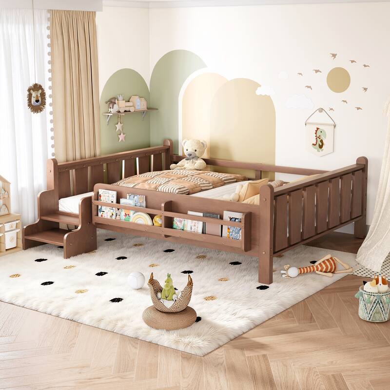 Full/Twin Floor Bed with Storage Bookcases & Cute Stairs - Solid Wood Kids Bed, No Box Spring - Natural - Full