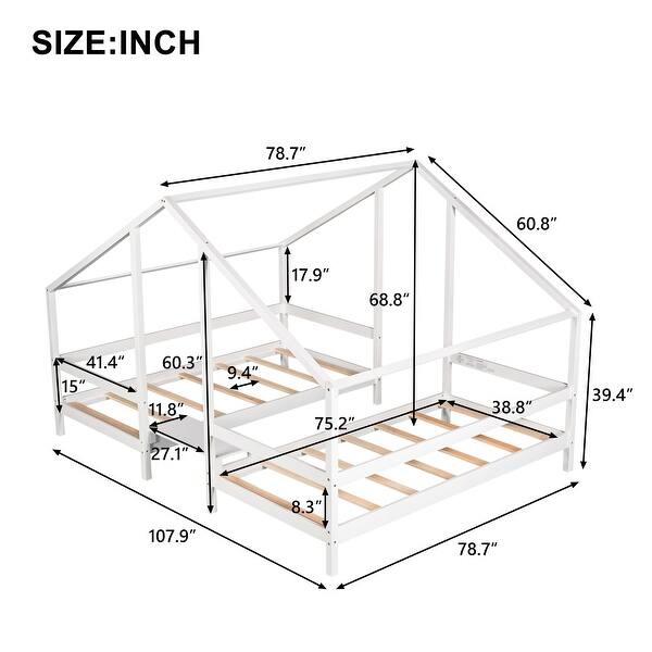 Cozy Triangular House Twin Bunk Bed with Built-in Table, Solid Wood Slats