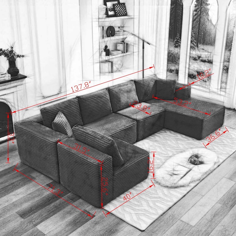 106" Corduroy Upholstery L-Shaped Cloud Modular Sectional Sofa with Chaise and Pillows, All-Foam Compression Design