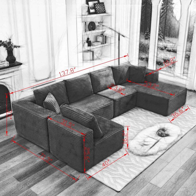 Roomfitters Modular Sectional Sofa, Deep Seat L-Shaped Cloud Couch with Right Chaise in Plush Corduroy for Living Room Comfort