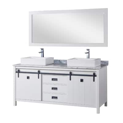 Da Vinci 72 in. Vanity in White with White Carrara Marble Top with white vessel sinks and Mirror